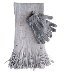 Bejeweled Acrylic Scarf Knit Gray Fringe with Gray Knit Gloves